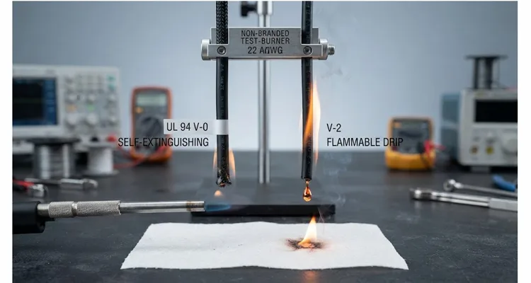 UL 94 V-0 vs V-2 diagnostic cable vertical burn test comparison showing no flaming drips on V-0 side and burning drip on V-2 side