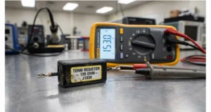 153 ohm drifted J1939 terminating resistor on workbench with multimeter during bus-off diagnosis