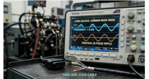 Oscilloscope capture of J1939 common-mode noise envelope tracking alternator ripple frequency on CAN_H and CAN_L