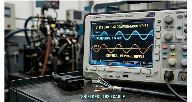 Oscilloscope capture of J1939 common-mode noise envelope tracking alternator ripple frequency on CAN_H and CAN_L