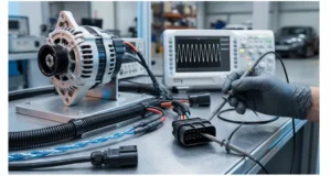 OEM alternator specification for J1939 ripple coupling with alternator, charging harness, oscilloscope and ECM supply pin probe